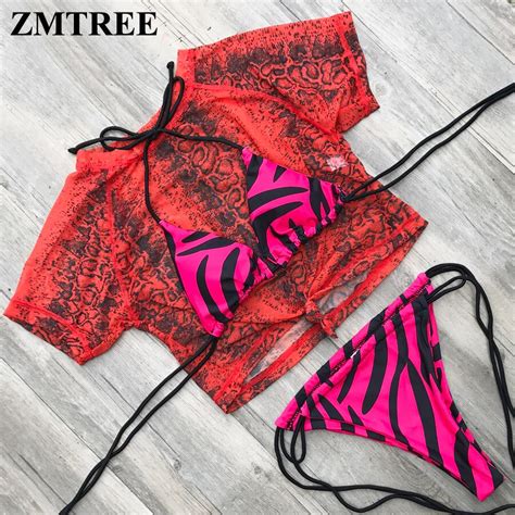 zmtree high neck swimsuit mesh look through bikinis 3 pieces bathing suit women thong swimwear