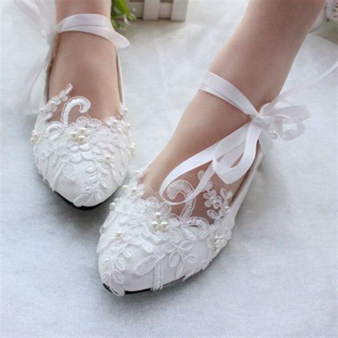 Free Shipping Women White Ivory Lace Pearls Wedding Shoesladies Bridal