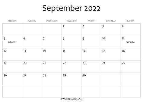 September 2022 Calendar Printable With Holidays Whenisholidaysnet