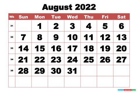Free Printable August 2022 Calendar With Week Numbers