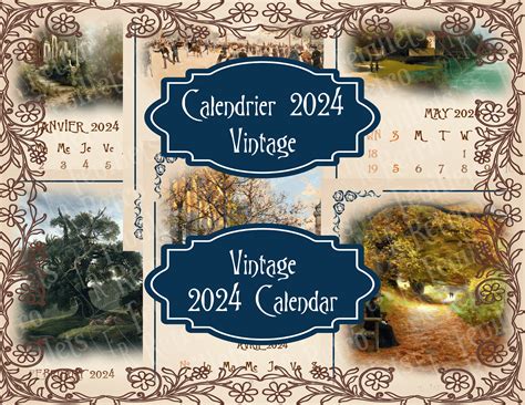 Vintage Monthly Calendar 2024 French and English Version Wall