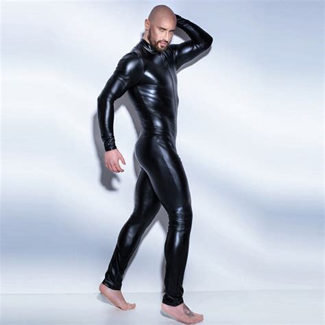 black wetlook men s fullbody zentai catsuit for men one piece patent leather leotard zipper