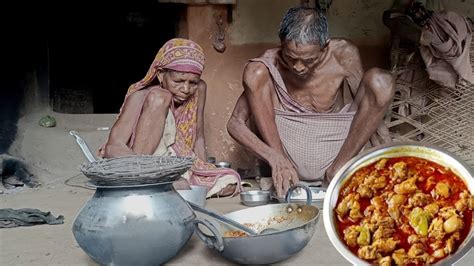 Rural Poor Grandma And Grandpa Eating Meat Curry With Water Rice Cooking Meat Curry Village