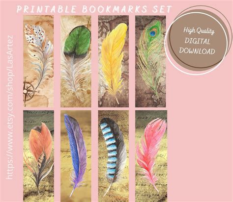 Feather Watercolor Bookmark Set Printable Vintage Feather Etsy