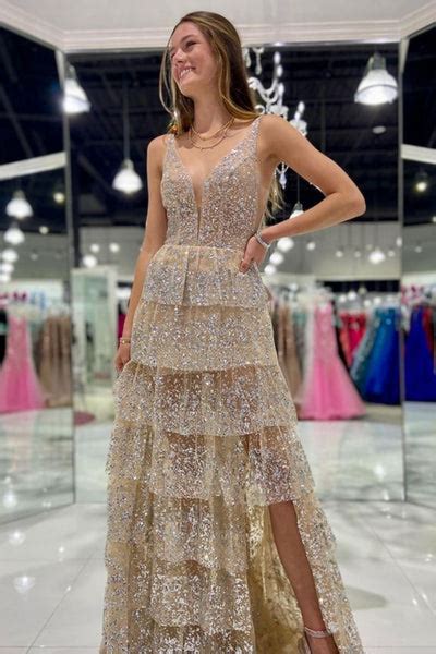 shiny a line v neck champagne sequins long prom dress with high slit abcprom