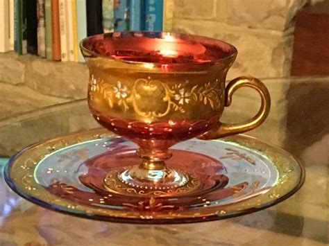 Antique Moser Cranberry Art Glass Pedistal Cup And Saucer Hand Gilded Enamelled Moser Bone