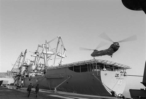 A Ch 46 Sea Knight Helicopter Touch Down On The Helicopter Deck Of The