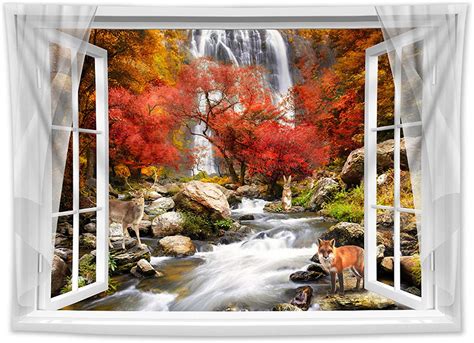 Hvest Autumn Fairy Forest Waterfall Scenery Tapestry Window Forest