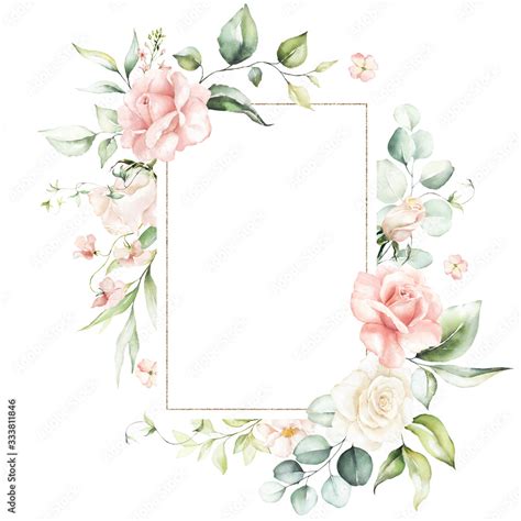 Watercolor Floral Frame Wreath Flowers Leaves And Branches With