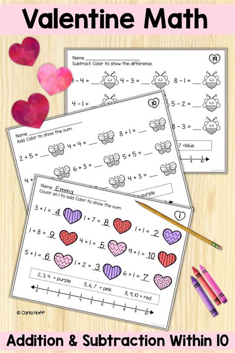 Valentine Addition And Subtraction To 10 Worksheets