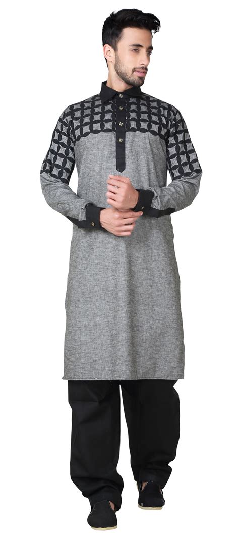 506010 Black And Grey Color Cotton Linen Fabric Pathani Suit