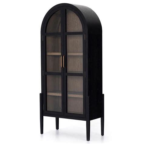 Julian Mid Century Modern Curved Black Wood Glass Arch Cabinet Display Case