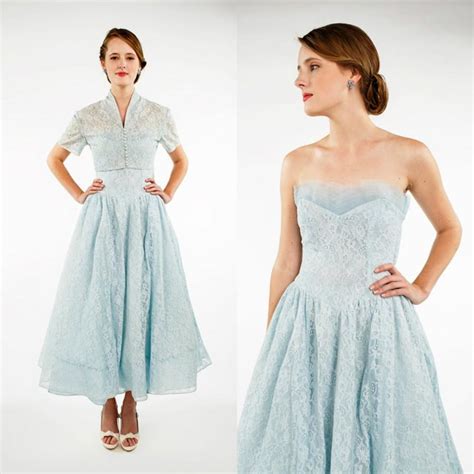 1950s Bridesmaid Dress Vintage Strapless Blue Dress With Bolero