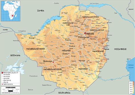 This map shows a combination of political and physical features. Zimbabwe Map (Physical) - Worldometer