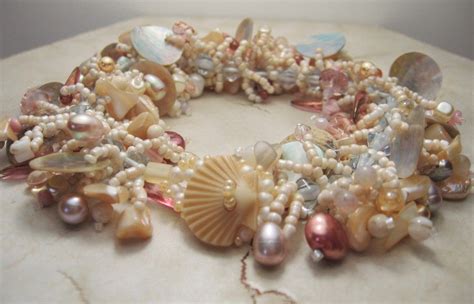 Beadwork Bracelet Beach Sea Shells Seed Beads Ivory Pink Cream Pearls