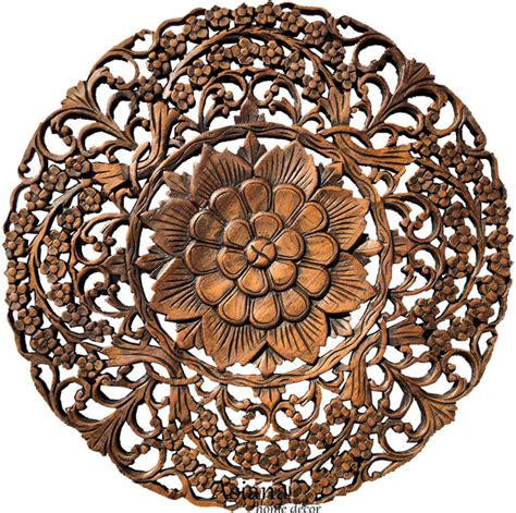 Oriental Round Carved Wood Wall Decor Decorative Floral Wall Plaques