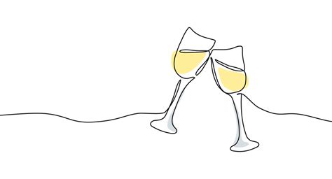 Continuous One Line Drawing Of Glasses Of Champagne With Abstract Shapes Concept Of Cheers