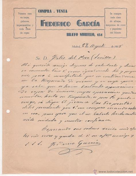 Carta Comercial Compra Venta Federico García Comprar Cartas