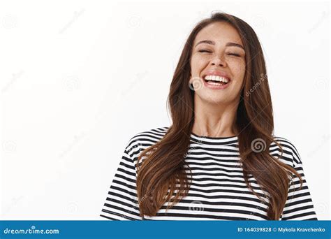 Close Up Carefree Enthusiastic Gorgeous Tanned Woman With Freckles In Striped T Shirt Laughing