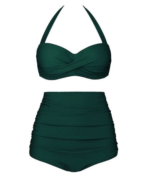 Women Vintage Polka Dot High Waisted Bathing Suit Bikini Dark Green