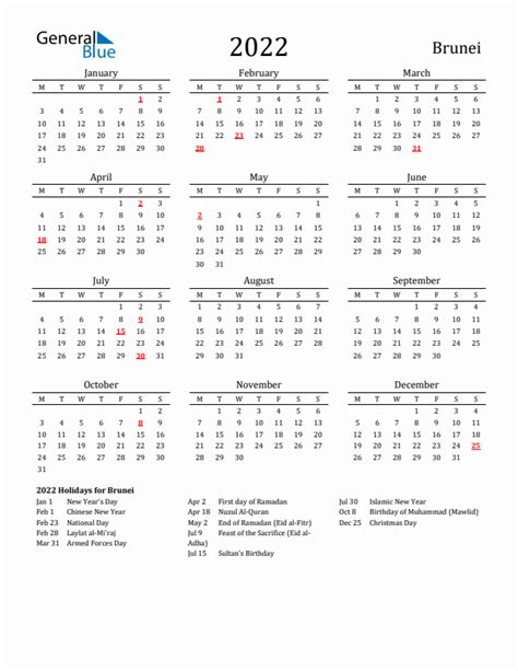 Brunei 2022 Yearly Calendar Downloadable