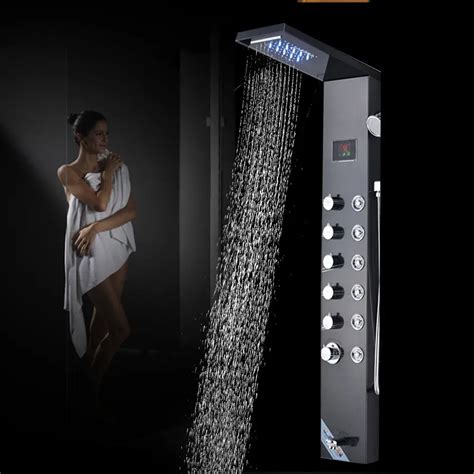 Led Black Shower Panel Stainless Steel Body Massage Jets Tub Hand Tower Shower In Shower Faucets