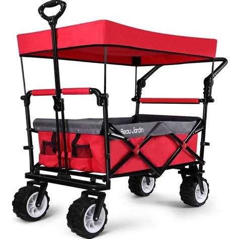Folding Push Wagon Cart With Canopy Collapsible Utility Camping Grocery