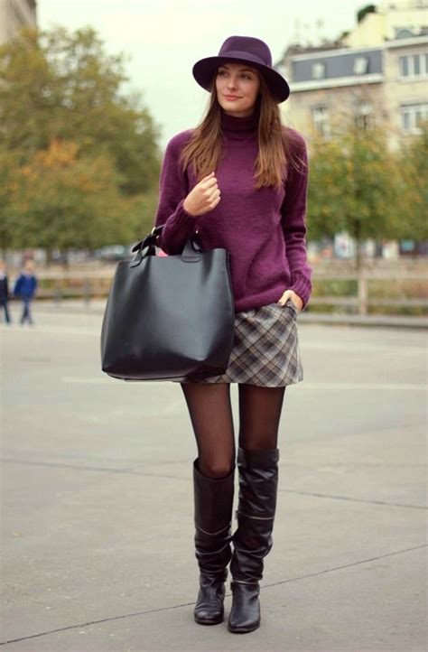 black tights and long dark brown boots with plaid skirt and plum sweater black pantyhose