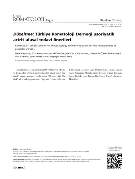 Pdf Correction Turkish Society For Rheumatology Recommendations For