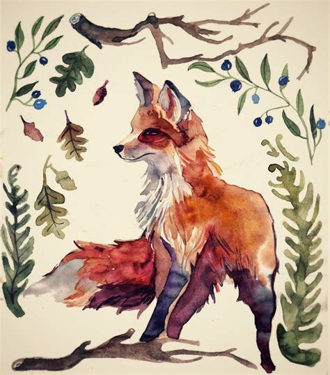 A Watercolor Painting Of A Fox Surrounded By Leaves And Berries