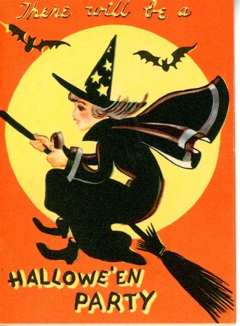 Vintage Halloween Greeting Card Witch On Broom Bats Party Invite 3107