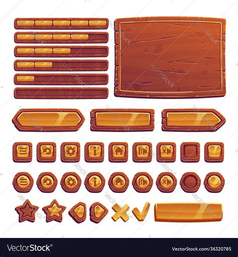 Wooden And Gold Buttons For Ui Game Gui Elements Vector Image