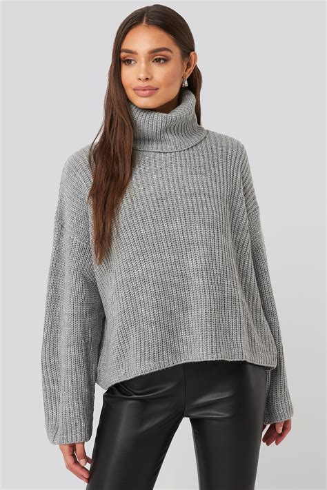 Oversized High Neck Knitted Sweater Grey Na