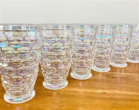 Stunning Iridescent Thumbprint Glassware Federal Glass Yorktown Colonial Flat Tumblers 1960s