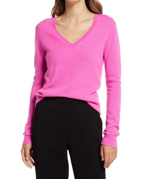 Nordstrom Cashmere Essential V Neck Sweater In Pink Flash At Rack Lyst