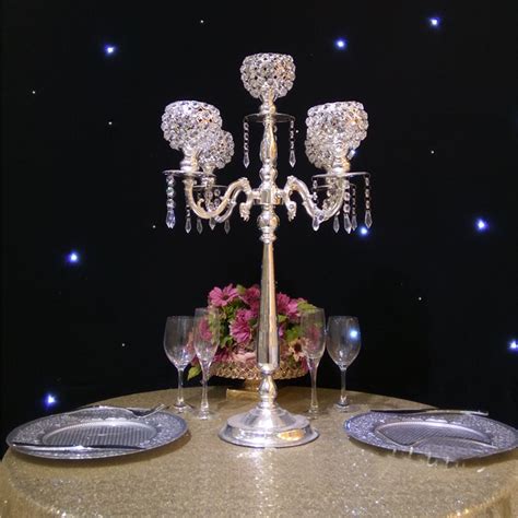 76cm Tall 5 Arms Silver Candelabras Crystal Candle Holder Wedding