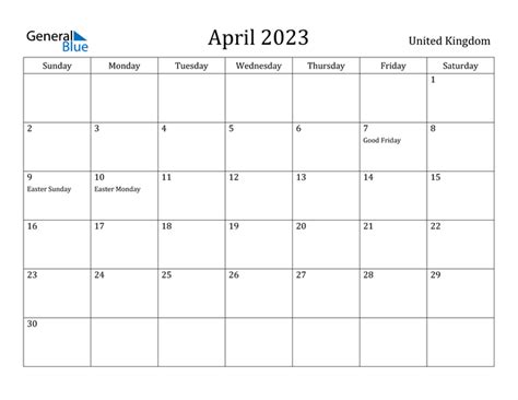 April 2023 Calendar With United Kingdom Holidays