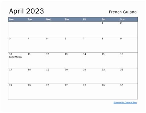 Free Monthly Calendar Template For April 2023 With French Guiana Holidays