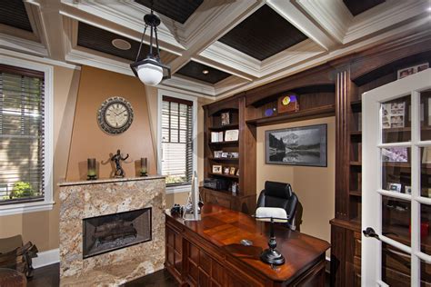 We use the best products and we have very well trained employees. Custom Home Office Library With Fireplace & Coffered ...
