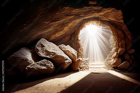 Open Coffin Chalk Cave With Large Stone At Entrance Resurrection Day