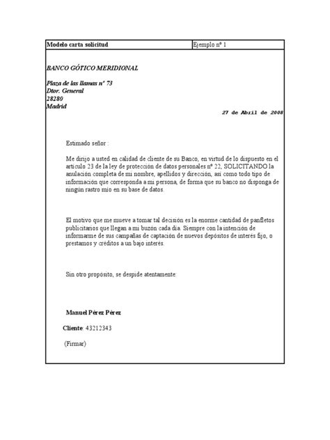 Modelo Carta Solicitud Pdf Privacidad De La Información Bancos