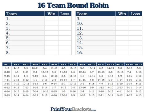 Printable 16 Team Round Robin Tournament Bracket Gaming Stuff Game