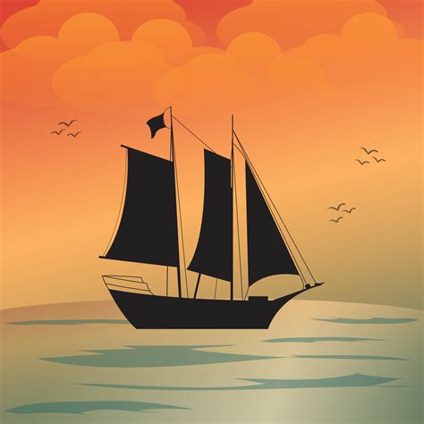 Sailing Boat Illustration Sunset Or Sunrise On The Sea Boat At The