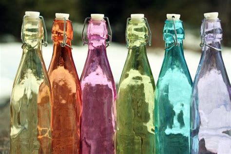 6 Rainbow Colored Glass Bottles 10 Inches Tall Vintage Wedding Decor Grolsch Beer Vase Rainbow