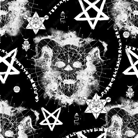 Seamless Pattern With Devil Skull Mysterious Symbols And Pentagram On