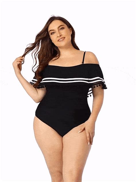 Plus Size Ruffle Trim Off Shoulder Striped Flounce One Piece Swimsuit