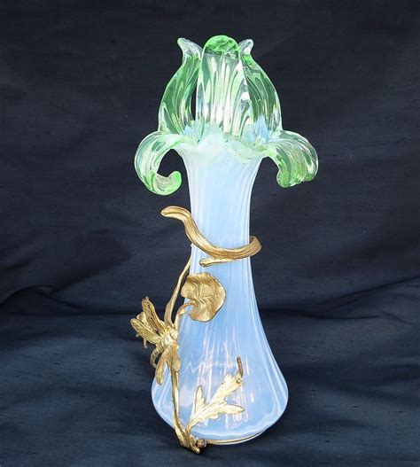 Rare Circa 1890 Art Nouveau Opalescent Vase With Dragonfly From The Vault On Ruby Lane