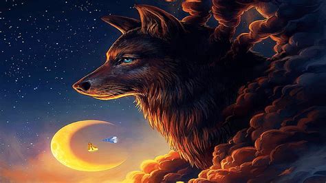 Hd Wallpaper Wolf Moon Fantasy Art Night Sky Stars Wallpaper Flare