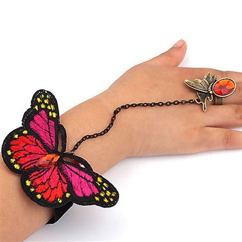 Pinksee 1 Pc Cloth Butterfly Slave Link Chain Rings Crystal Wrist Hand