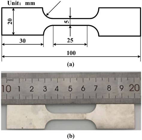 A Design Dimension Of Tensile Test Specimen And B Physical Tensile Test